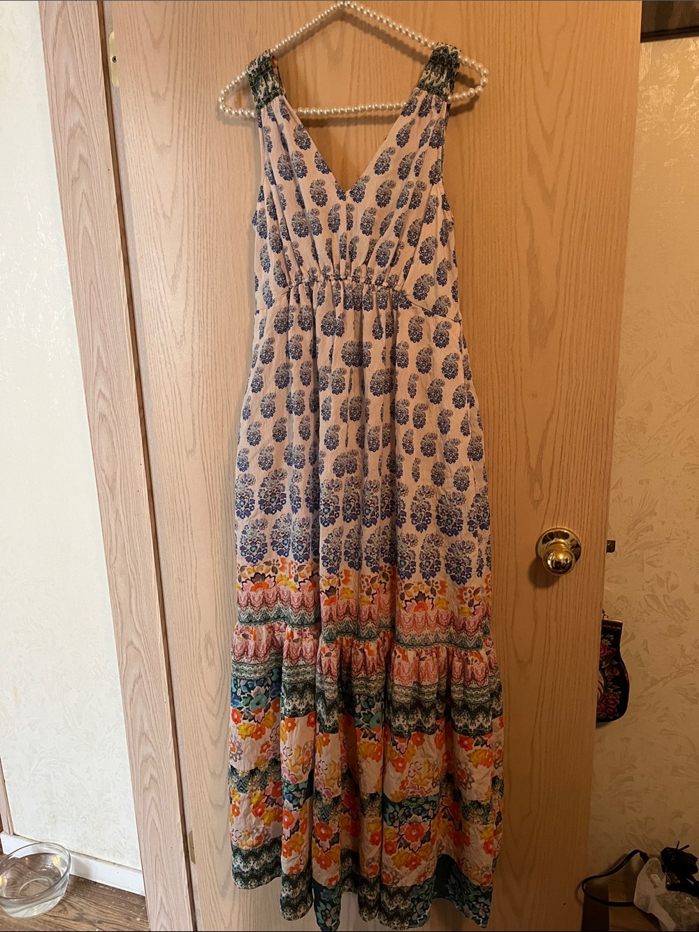 Anthropologie White Maxi Dress with Blue and Multi Florals